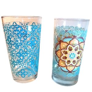 2 Vintage Drink Cristal Glasses: Hippie Chic Tumblers Crisa & Blue Teal Diamond
